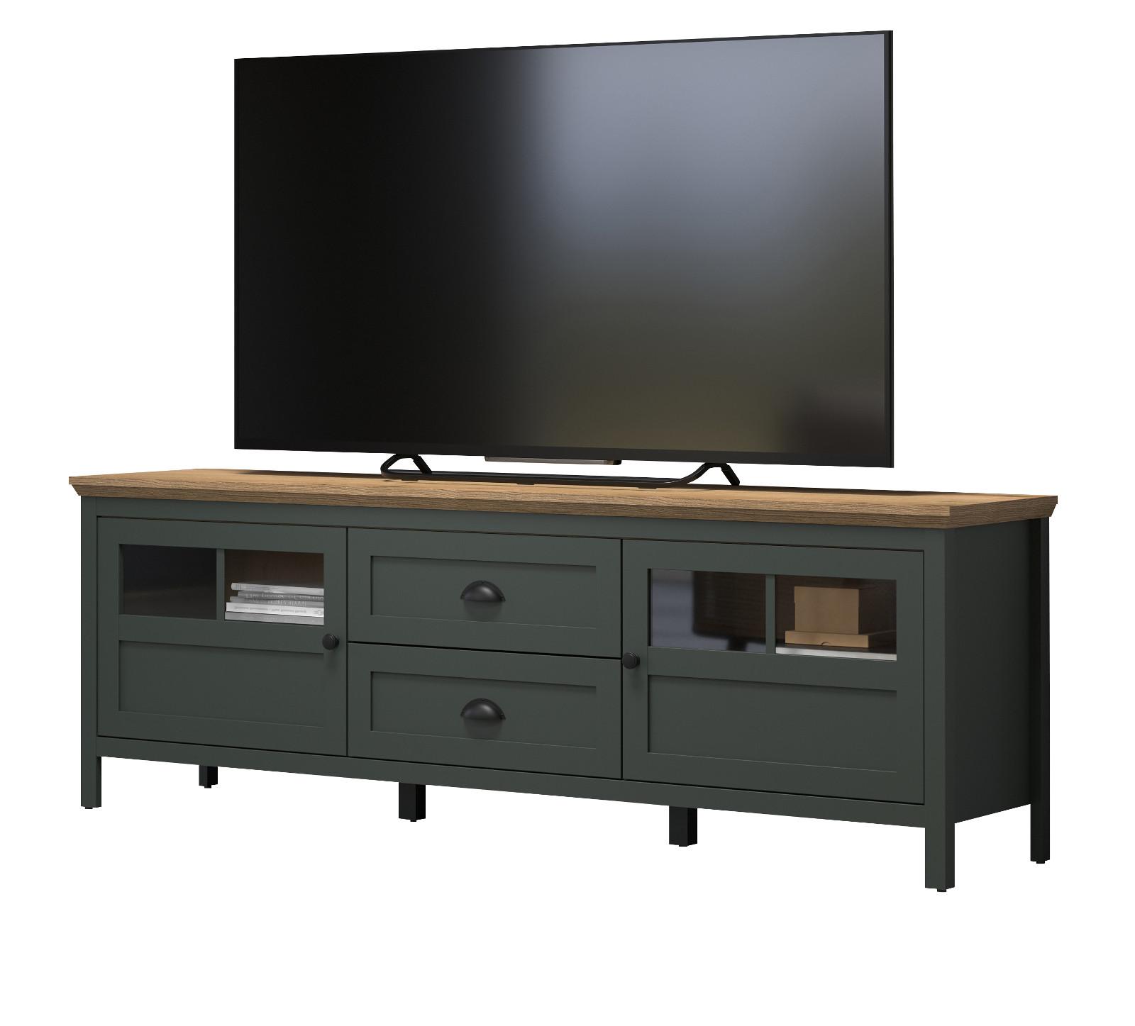 TV-LOWBOARD grün, Evoke Eiche Landhaus 184 x 64 cm, TV Unterteil inklusive LED Beleuchtung - Eichefarben/Schwarz, Holzwerkstoff/Kunststoff (184/64/45cm) - Top.Furn