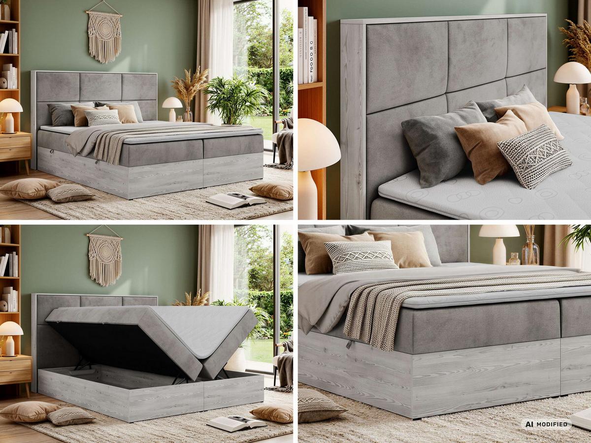 BOXBETT DELNOR 200/200 - Hellgrau Velvet - Topper Visco - H3 - Hellgrau/Schwarz, Kunststoff/Textil (200/200cm) - MKS