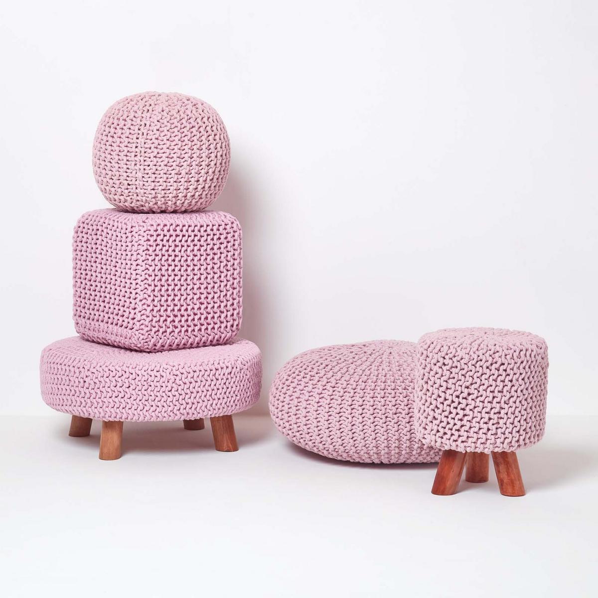 STRICK-HOCKER rosa, Dreibein 32/32/42 cm - Rosa, Textil (32/42/32cm) - Homescapes