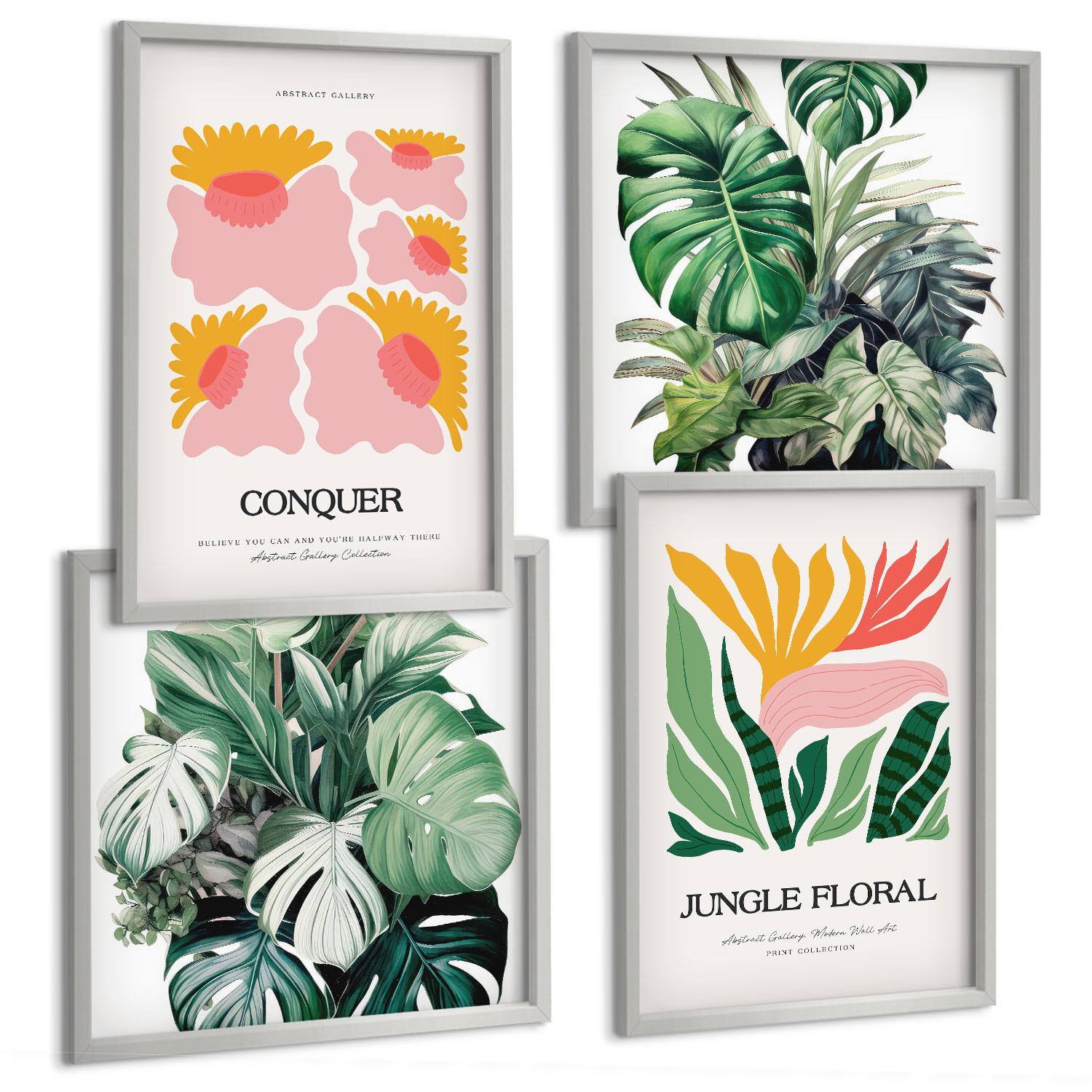 BILDER SET 4er Set - 50x50 cm & 40x60 cm Silberner Rahmen - Blumen und Blätter – moderne Poster - Silberfarben, Kunststoff (50/50cm) - TULUP