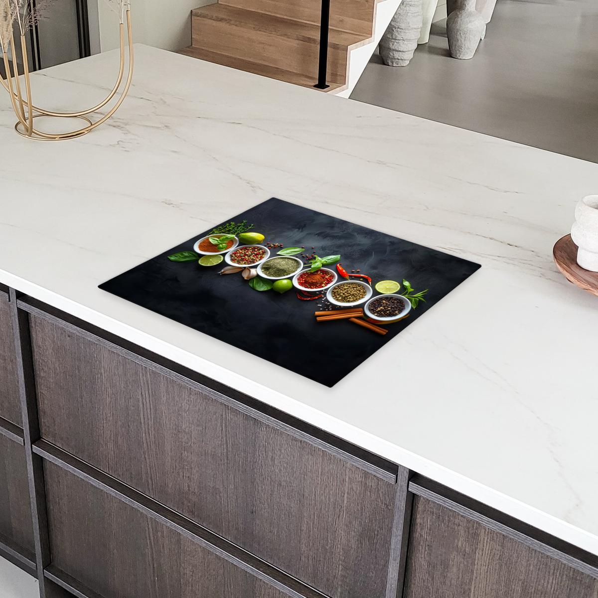 HERDABDECKPLATTE Kräuter - Gewürze - Konkrete Optik - Stilleben Abdeckung Ceranfeld 59x51 cm - Multicolor, Kunststoff (59/51/0.2cm) - MuchoWow