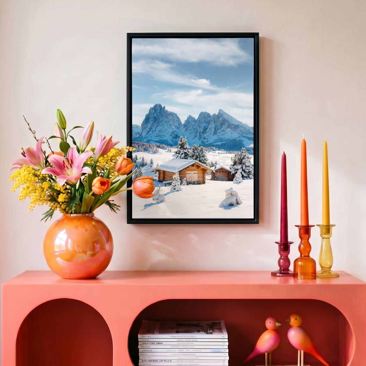 LEINWAND Bilder mit Rahmen - Winter - Hütte - Berge - Aussicht - Schnee - 20x30 - Eichefarben, Textil (20/30cm) - MuchoWow