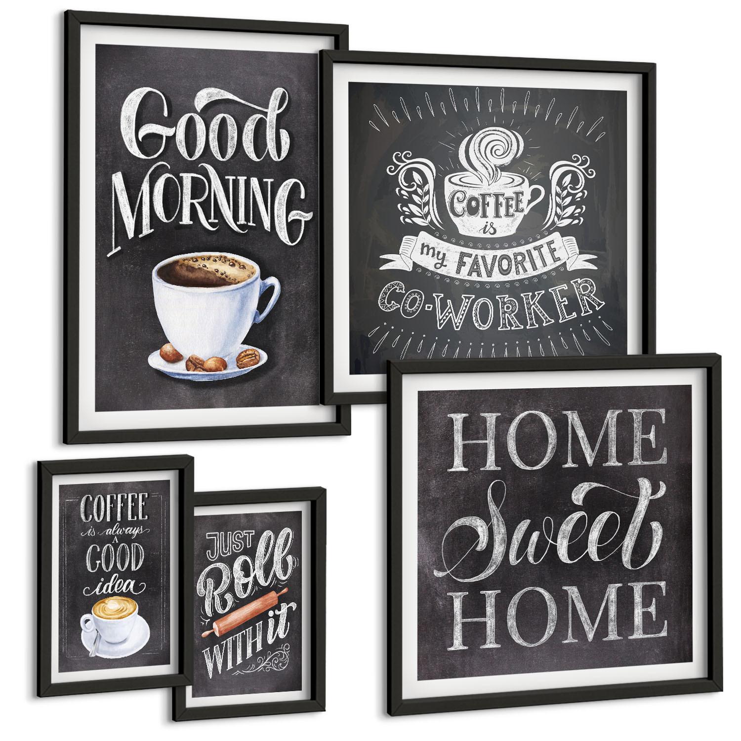 BILDER SET 5er Set - 50x50 cm & 20x30 cm & 40x60 cm Schwarzer Rahmen - Kaffeeroller, heimelige Wärme - Schwarz, Kunststoff (40/60cm) - TULUP