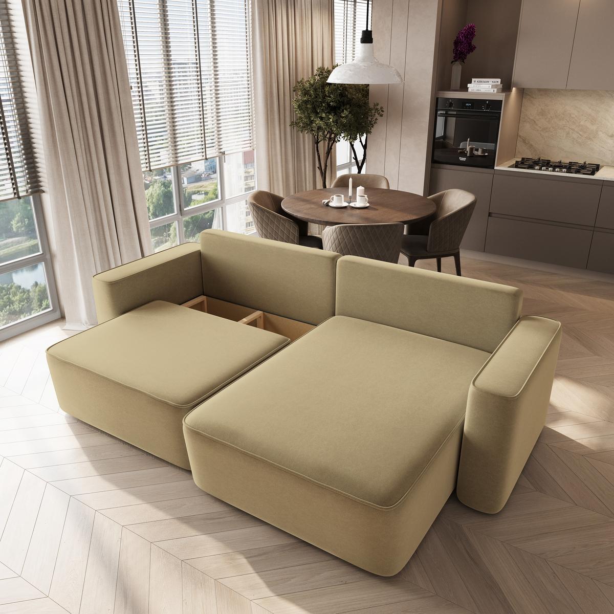 ECKSOFA BELISE CL Currygelb Veloursstoff mit Schlaffunktion - Currygelb, Holz/Textil (252/162cm) - MASSENO