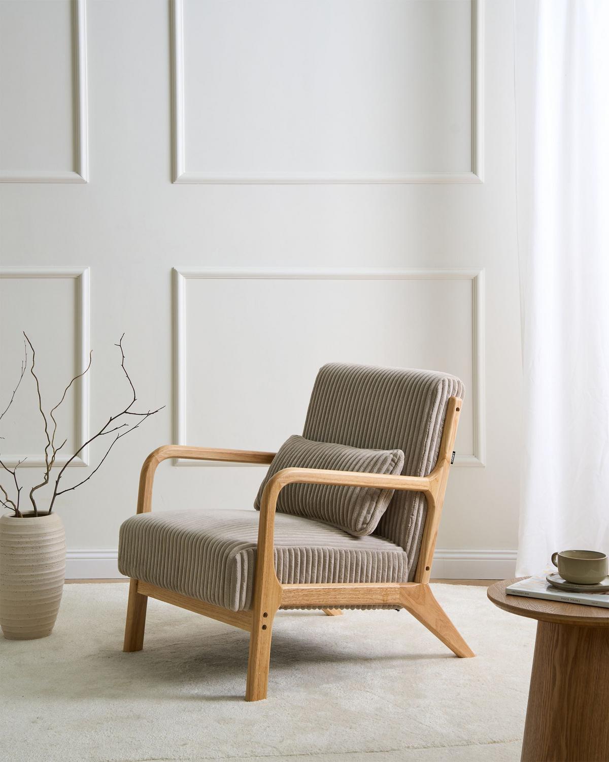SESSEL Sorsele Cord Beige - Hellbraun/Beige, Holz/Textil (64/77/82cm) - Beliani
