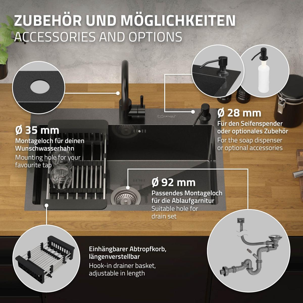 SPÜLBECKEN aus Edelstahl 68x45 cm Anthrazit mit Siphon und Seifenspender - Anthrazit, Metall (45/19/68cm) - ML-DESIGN