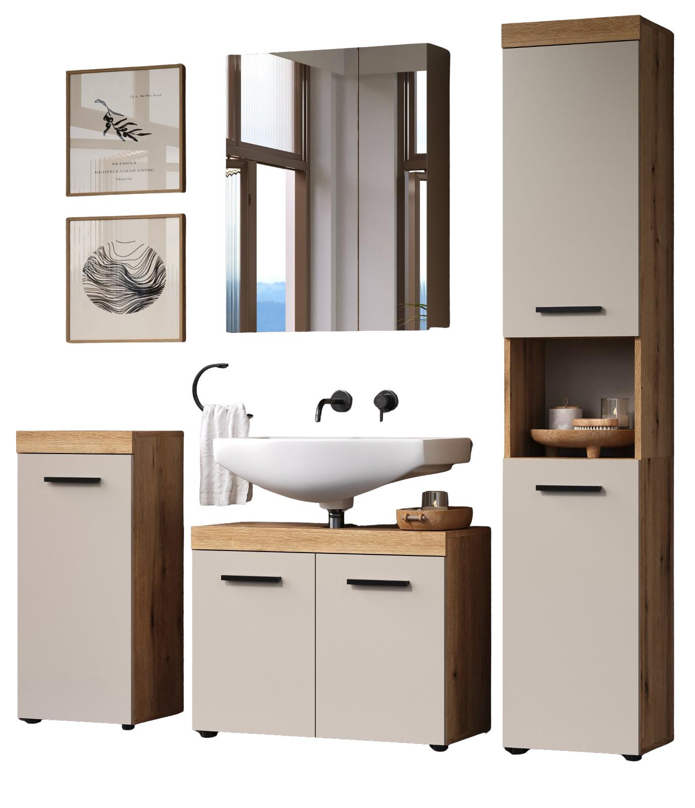 BADMÖBEL-SET Kaschmir, Evoke Eiche 4-teilig 164 x 184 cm, Badkombination in modernem Design - Kaschmir/Eichefarben, Glas/Holzwerkstoff (164/184/34cm) - Top.Furn