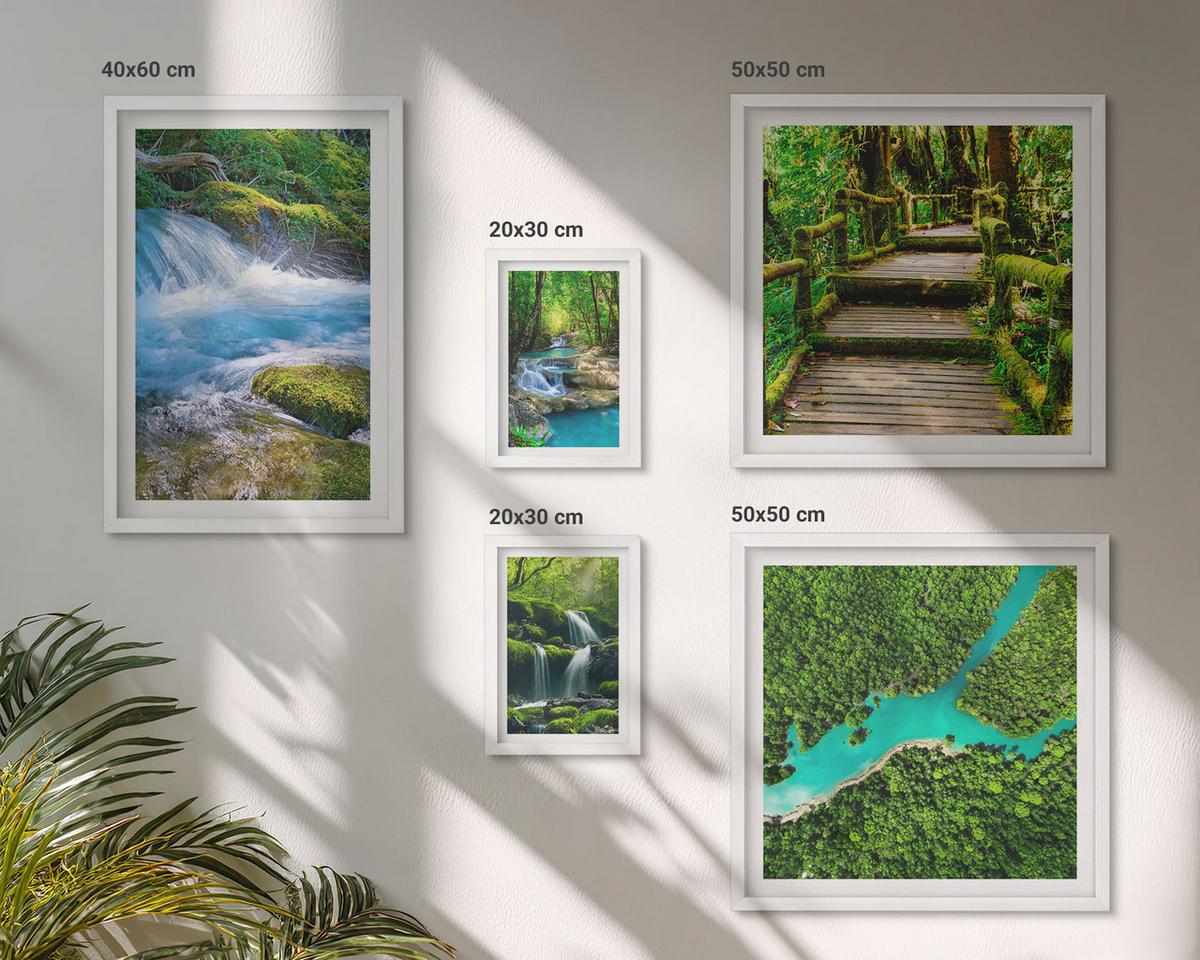 BILDER SET 5er Set - 50x50 cm & 20x30 cm & 40x60 cm Weißer Rahmen - Grüne Berge, Flussfelsen - Weiß, Kunststoff (40/60cm) - TULUP