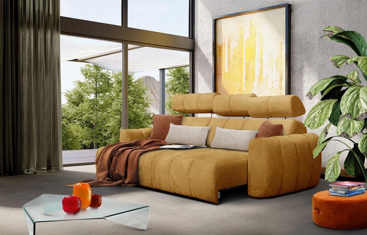 ECKSOFA KIMI 3-Sitzer, ausziehbarer Sitz, verstellbare Kopfstützen, senfgelb - Gelb/Schwarz, Holzwerkstoff/Textil (270/160cm) - Wozimo