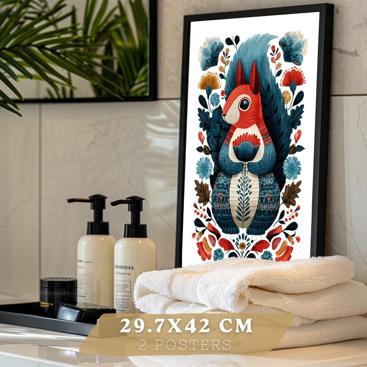 POSTER 2er-Set moderne Kunstdrucke im Folk-Stil, Katzen Eichhörnchen-Dekorationsbilder, farbenfrohe Blumenposter für Wohnzimmer Schwarzer Rahmen A3 - Schwarz, Papier (42/29.7/3cm) - Nacnic