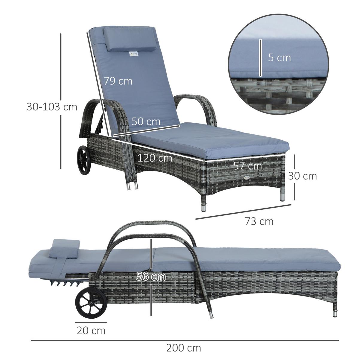 SONNENLIEGE, Polyrattan+Metall, Grau - Multicolor, Kunststoff (73/103/200cm) - Outsunny