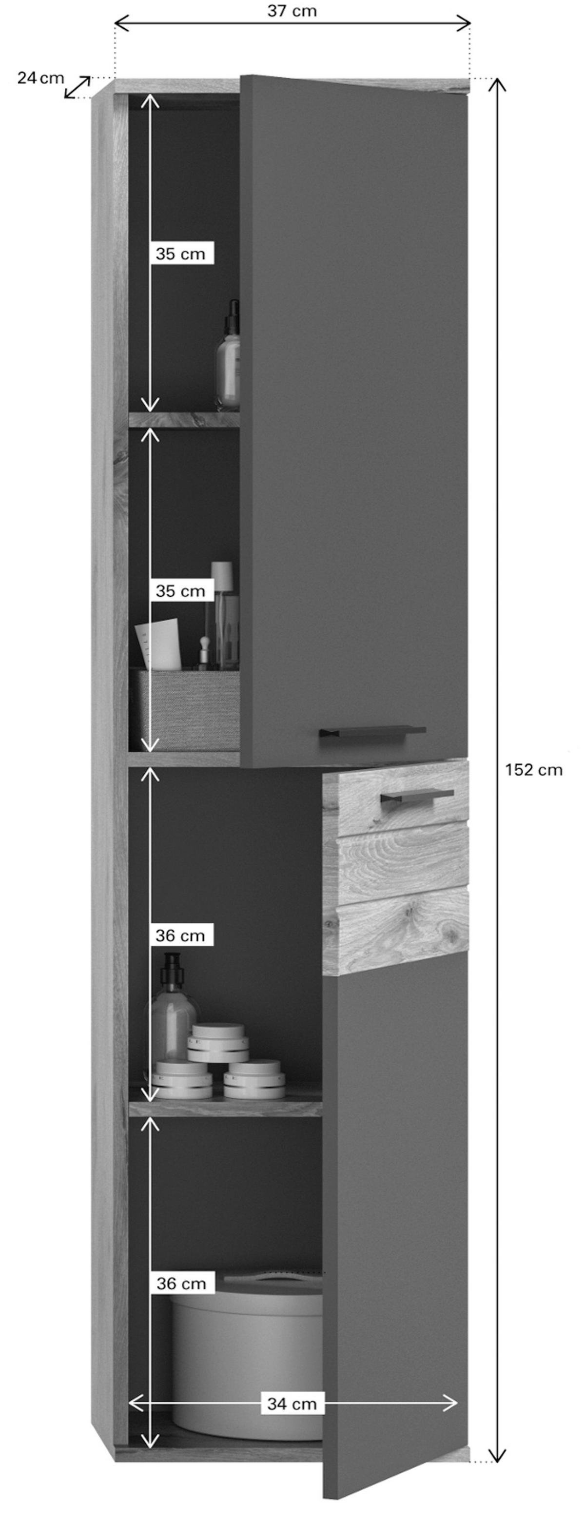 HOCHSCHRANK Hängeschrank Eiche grau 37x152 cm, mit Soft-Close - Eichefarben/Schwarz, Holzwerkstoff/Kunststoff (37/152/24cm) - Inn.Furn