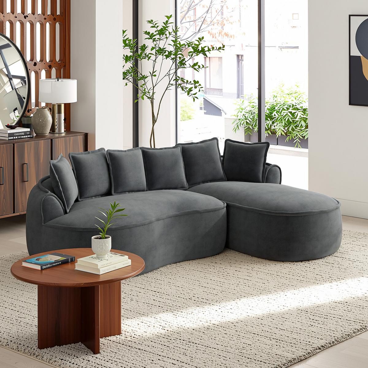 ECKSOFA chenille mit extra tiefer chaiselongue & rahmenlosem design - Grau, Textil (252/164cm) - Urban Meuble