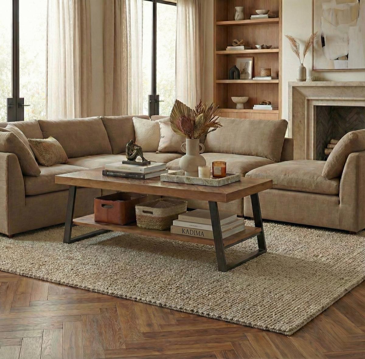 COUCHTISCH Braun Fischgrät-Muster 100x40x41cm mit Ablage und Metallgestell - Schwarz/Braun, Holz/Metall (40/100/41cm) - KADIMA DESIGN