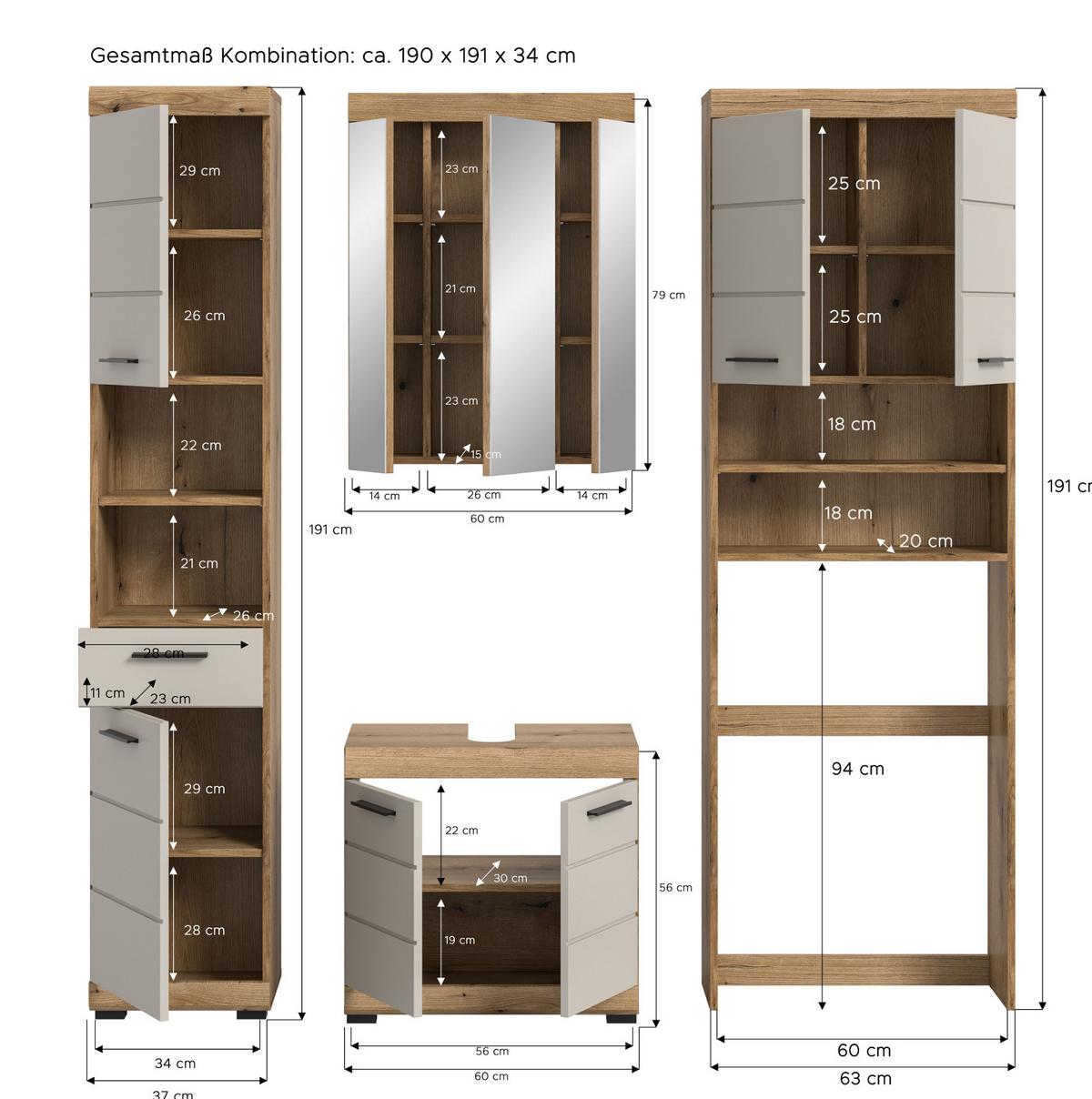 BADMÖBEL-SET Sand Kaschmir, Eiche Evoke, Badkombination 190 4-teilig - Kaschmir/Eichefarben, Glas/Holzwerkstoff (190/191/34cm) - Inn.Furn