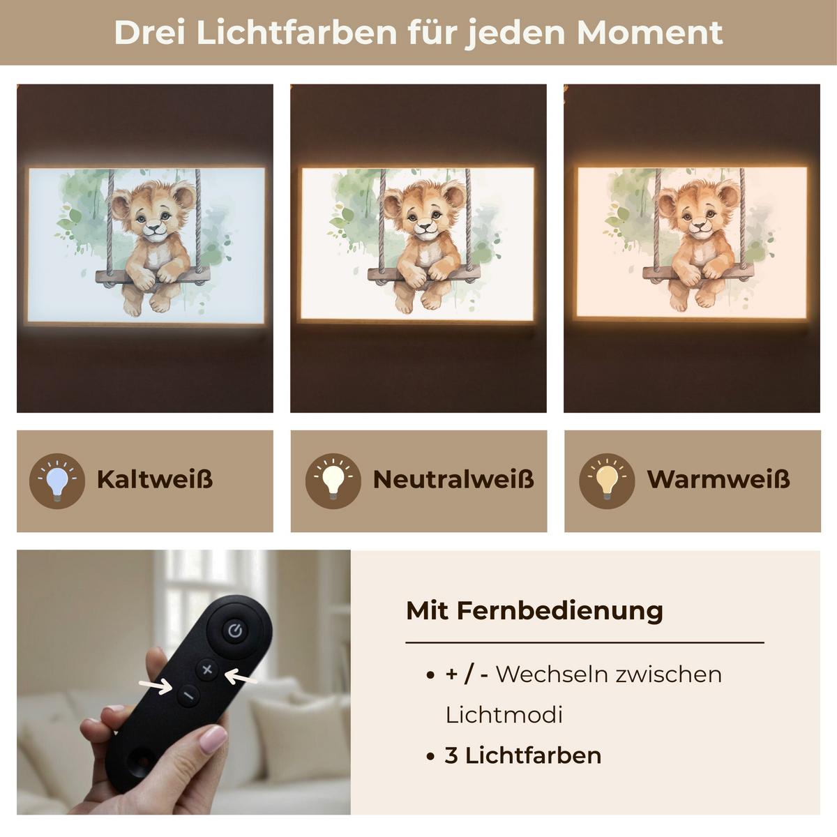 WANDLEUCHTE MIT AKKU Löwe - Tier - Kinder - Dschungel 100x70 cm - Weiß, Holzwerkstoff (100/70/8cm) - OnlyWow