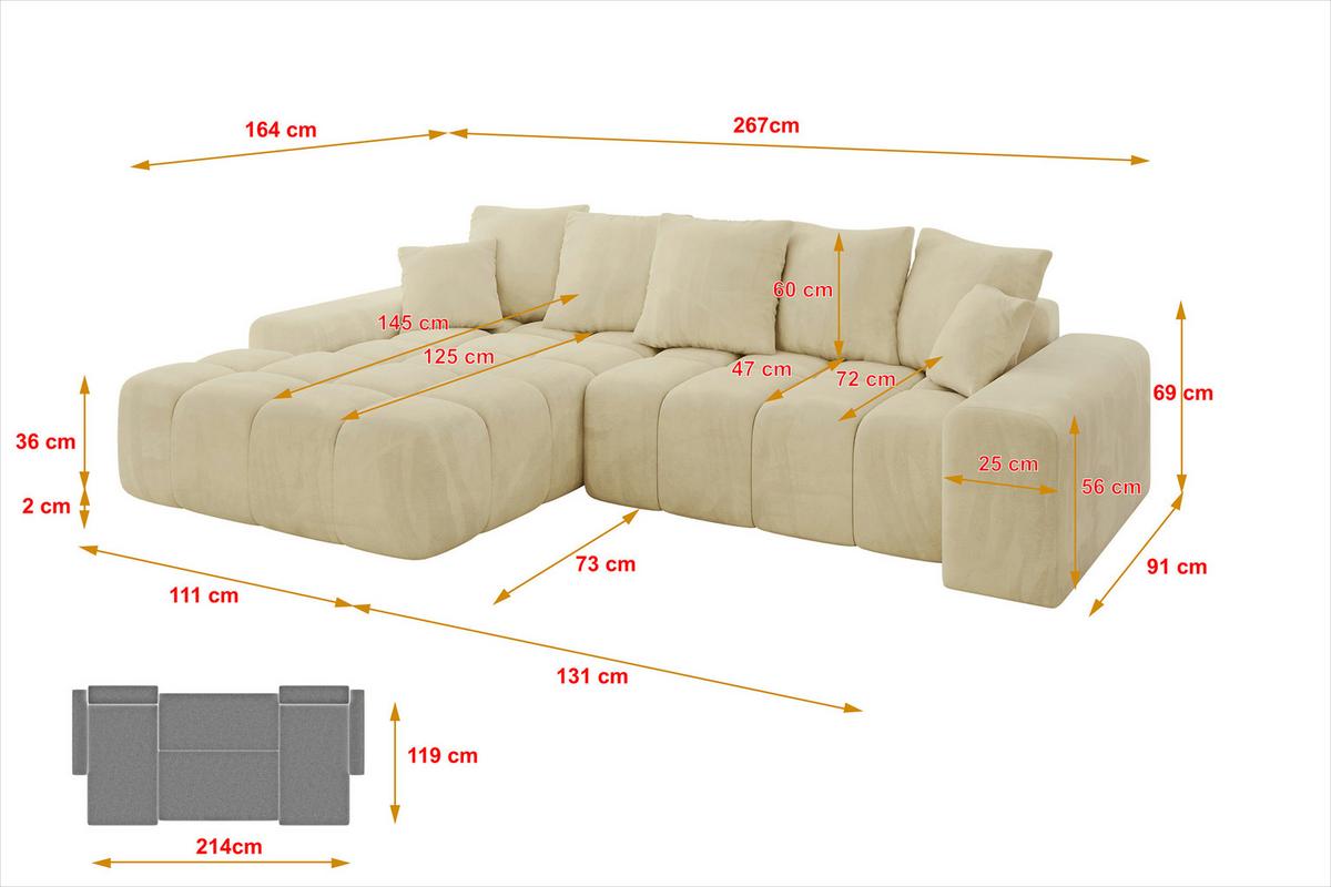 ECKSOFA Ottomane Links ENSI-L - 267x164x69 cm Taupe - Taupe, Holzwerkstoff/Kunststoff (267/164cm) - ALTDECOR