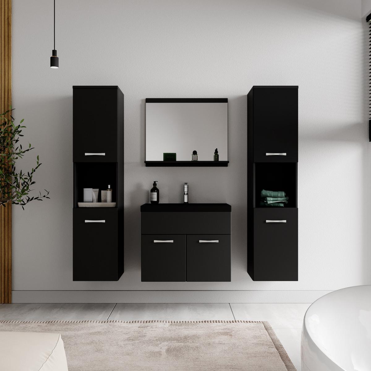 BADMÖBEL-SET Montreal 5 Teile Schwarz Matt - Schwarzes Waschbecken - 60 x 35 x 51 cm - Chromfarben/Schwarz, Holz/Metall (60/51/35cm) - Badplaats