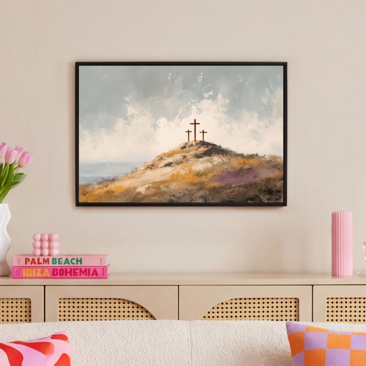 LEINWAND Bilder mit Rahmen - Hügel - Abstrakt - Christentum - Kreuz - 60x40 - Hellgrau, Textil (60/40cm) - MuchoWow