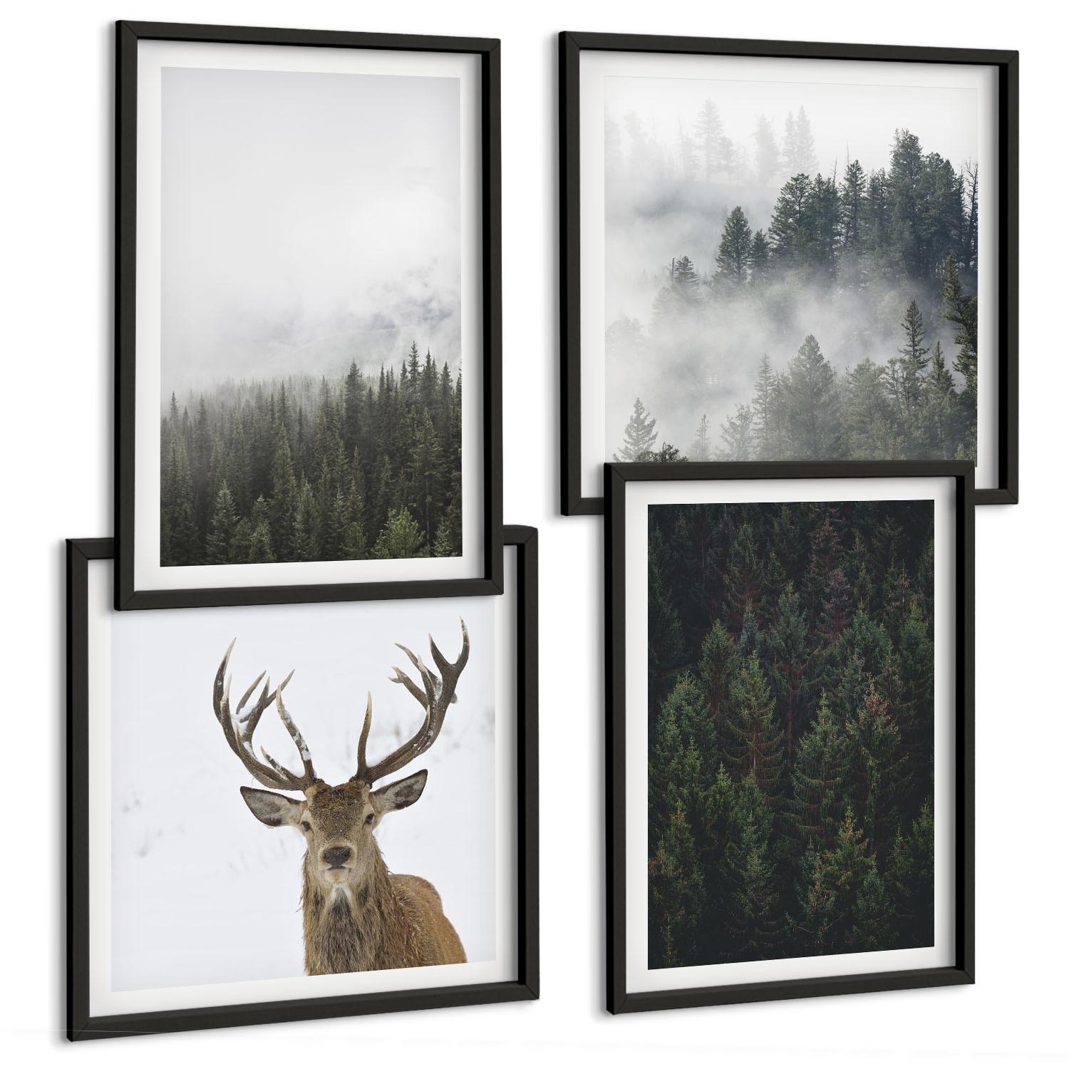 BILDER SET 4er Set - 50x50 cm & 40x60 cm Schwarzer Rahmen - Grüne Wälder, neblige Landschaft - Schwarz, Kunststoff (50/50cm) - TULUP