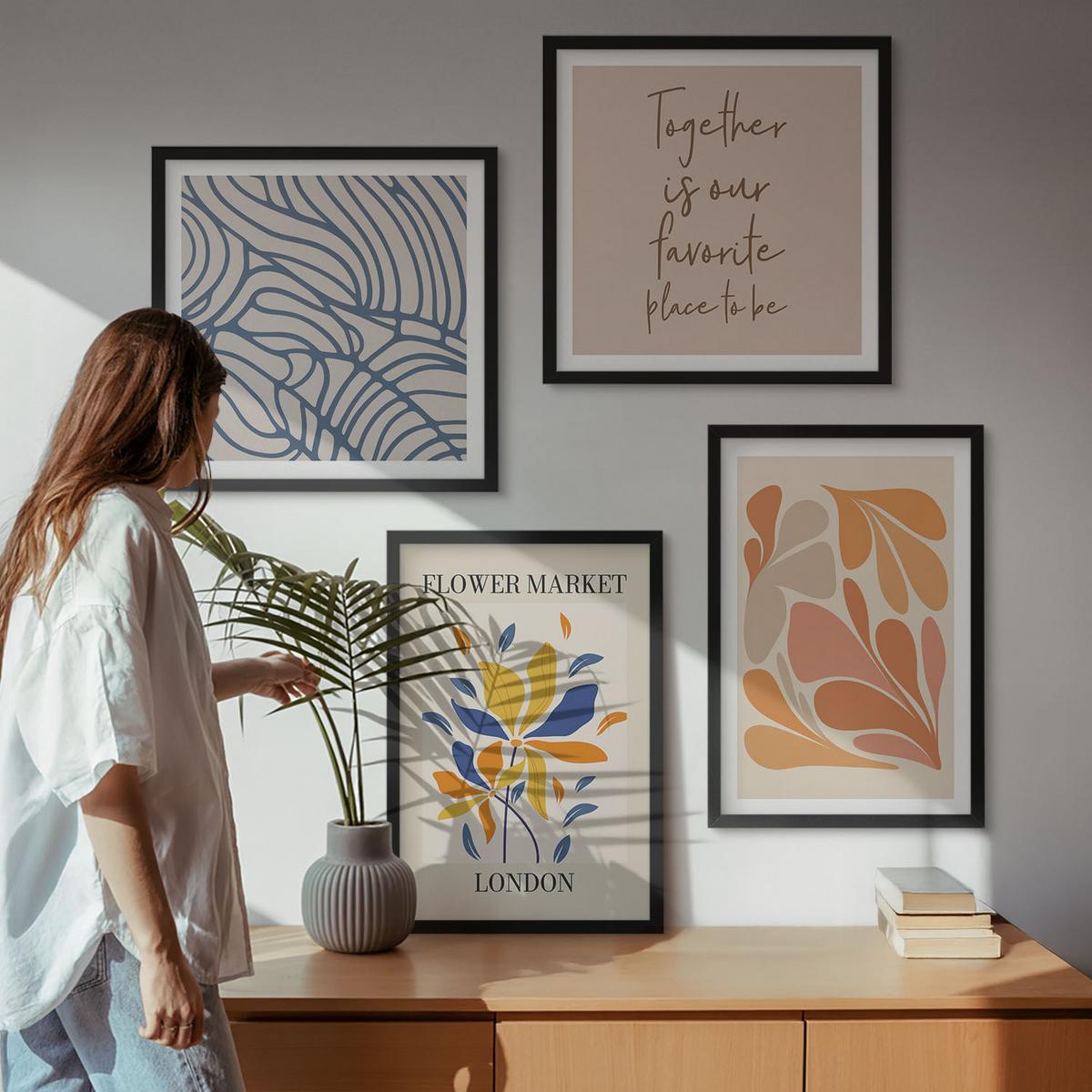 BILDER SET 4er Set - 50x50 cm & 40x60 cm Schwarzer Rahmen - Moderne abstrakte Blumen - Schwarz, Kunststoff (50/50cm) - TULUP