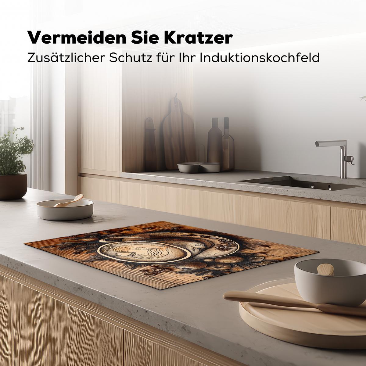 HERDABDECKPLATTE Kaffee - Vintage - Braun - Tasse - Holz Induktionsmatte 71x52 cm - Cappuccino, Kunststoff (71/52/0.2cm) - MuchoWow