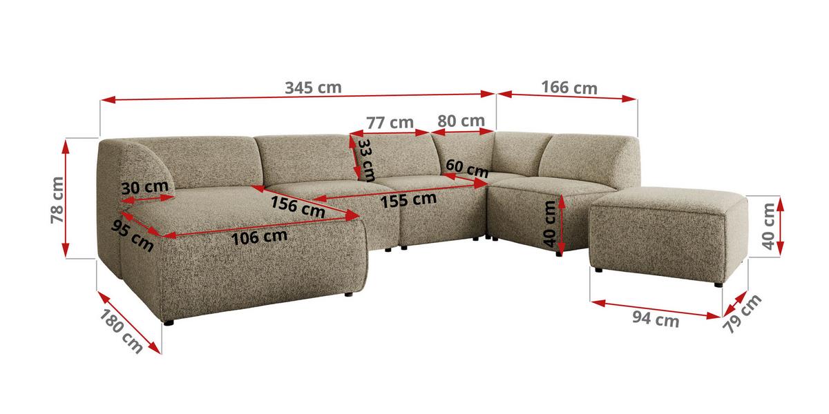 WOHNLANDSCHAFT MODARO U 6M - Dunkelbeige Struktur - Links - Schwarz/Cappuccino, Textil (180/78/345cm) - MKS
