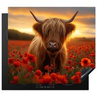 HERDABDECKPLATTE Schottische Highlander - Rosen - Blumenfeld - Sonnenuntergang Abdeckung Ceranfeld 59x51 cm - Rotbraun, Kunststoff (59/51/0.2cm) - MuchoWow
