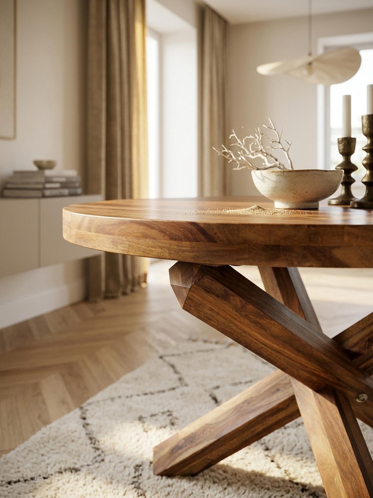 ESSTISCH Massivholz Rund Kreuzbeine Handgefertigt TEKO, Braun 120x120x75 cm - Braun, Holz (120/120/75cm) - KADIMA DESIGN