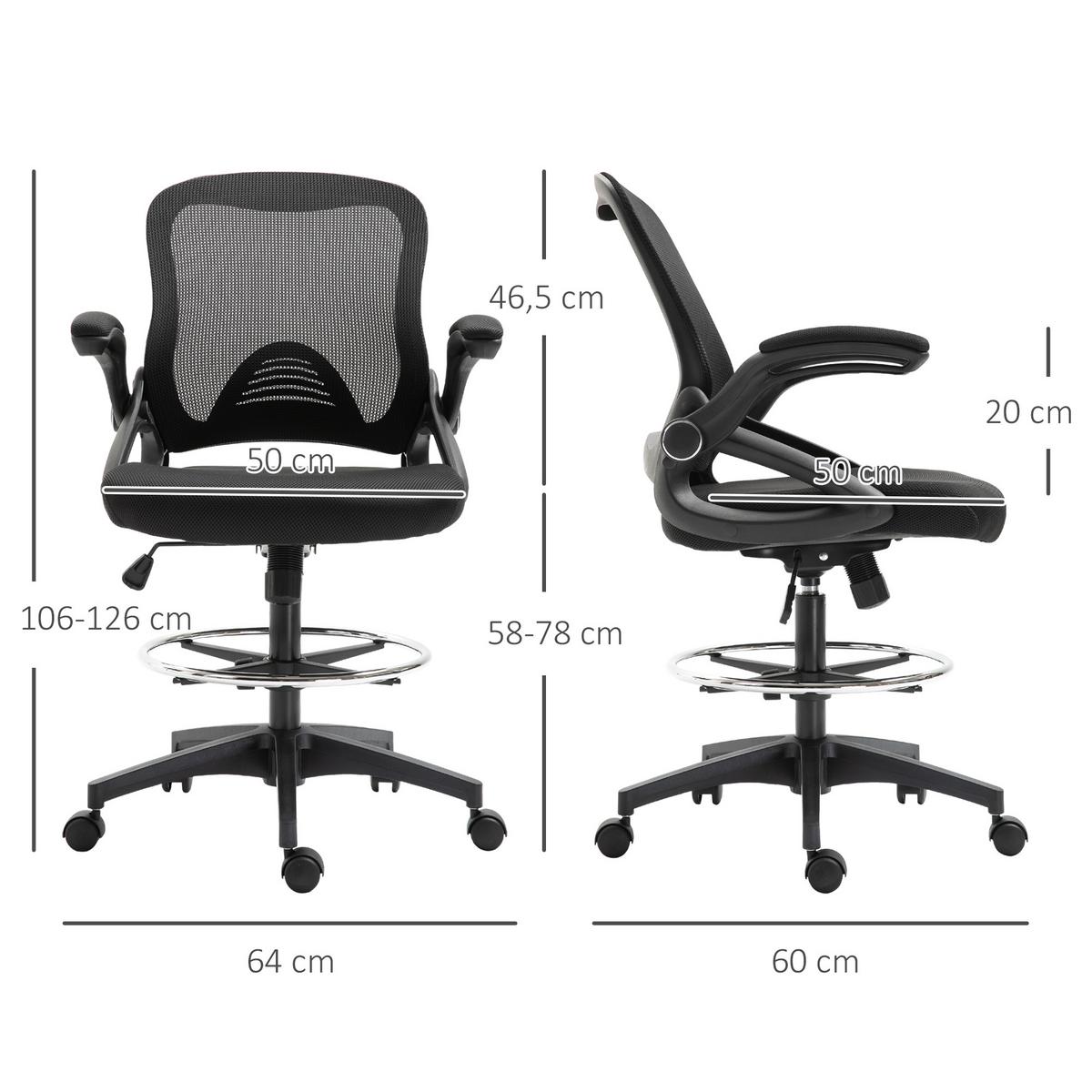 MESH Zeichenstuhl Ergonomischer Bürostuhl mit Rollen drehbar Schwarz - Schwarz, Textil (60/126/64cm) - Vinsetto