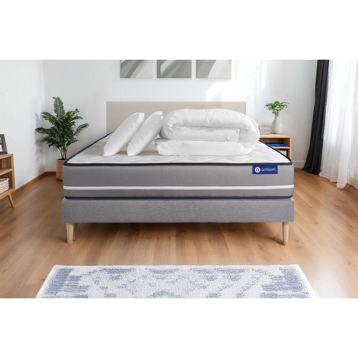 BETT Actimemo pur Memory-Schaum 160 x 200 cm h3 - Kit Bettgestell Grau - Mit Kissen und Bettdecke - Beige/Grau, Karton/Holz (160/200cm) - ACTISOM
