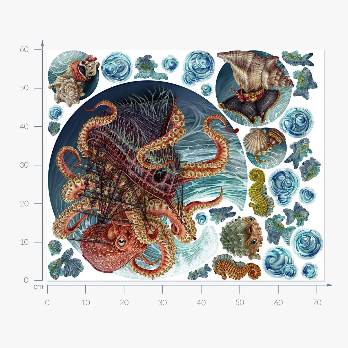 WANDAUFKLEBER 60x72cm - Die Unterwasserwelt des Oktopus - Multicolor, Kunststoff (60/72/0.1cm) - Wallfluent