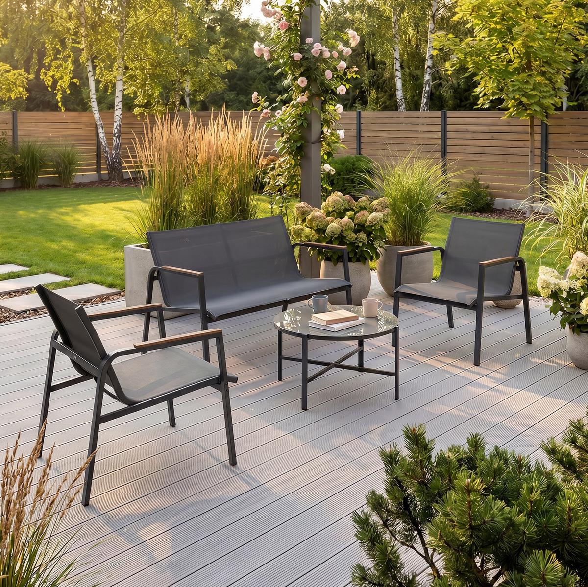 GARTENSET Thaiti, 2-Sitzer-Sofa + 2 Sessel + Couchtisch, Polywood-Armlehnen, Dunkelgrau - Dunkelgrau, Metall - Beautysofa