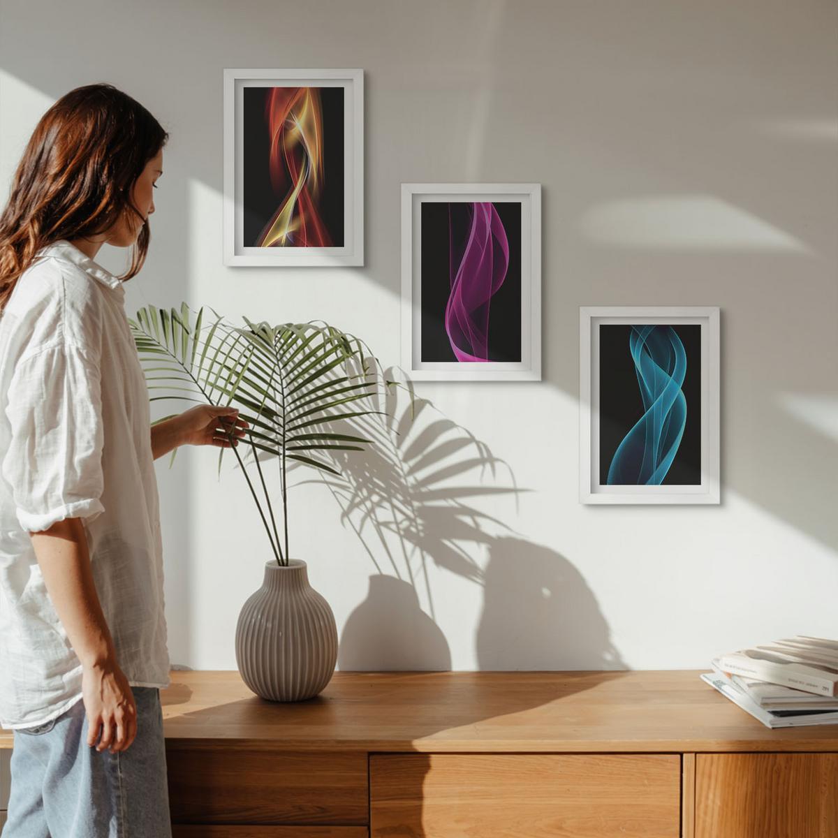 BILDER SET 3er Set - 20x30 cm Weißer Rahmen - Neonwellenlinien auf dunklem Hintergrund - Weiß, Kunststoff (20/30cm) - TULUP