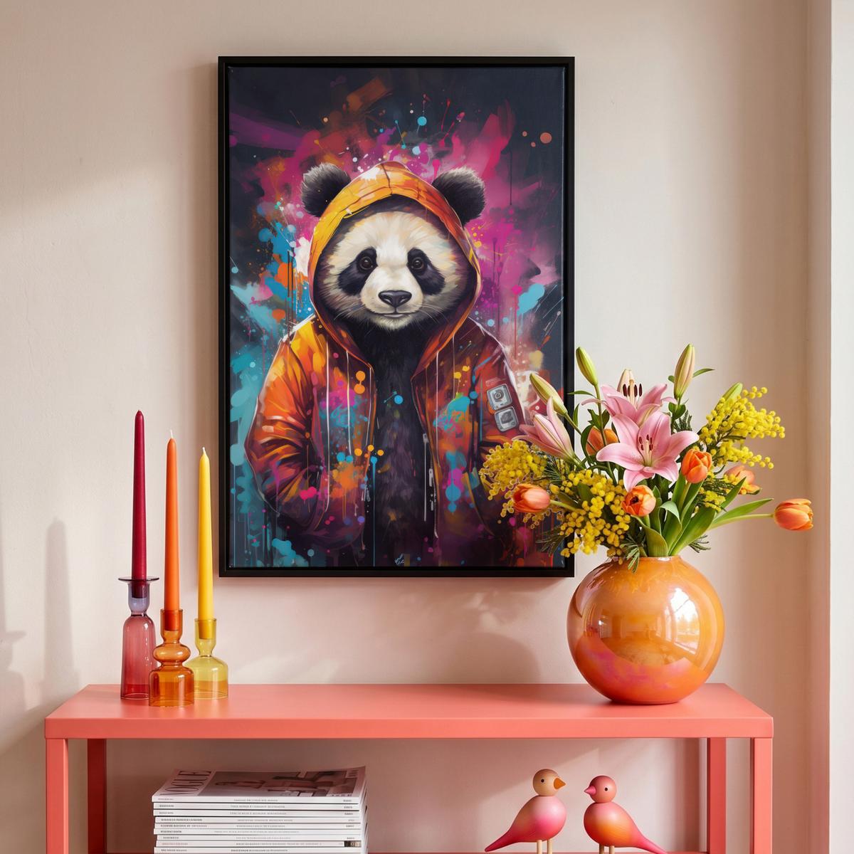 LEINWAND Bilder mit Rahmen - Panda - Jacke - Graffiti - Orange - 40x60 - Orange, Textil (40/60cm) - MuchoWow