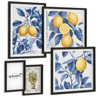 BILDER SET 5er Set - 50x50 cm & 20x30 cm & 40x60 cm Schwarzer Rahmen - Zitronenzweige mit blauen Blättern - Schwarz, Kunststoff (40/60cm) - TULUP