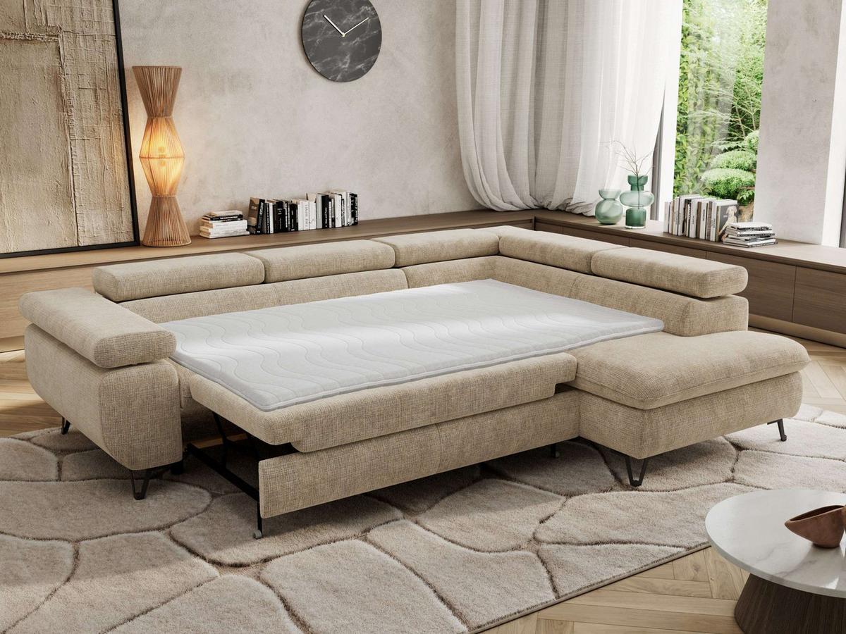 ECKSOFA PABLO L Beige Schenille grob gewebt - Rechts Seite - Beige/Schwarz, Textil/Metall (273/208cm) - MKS