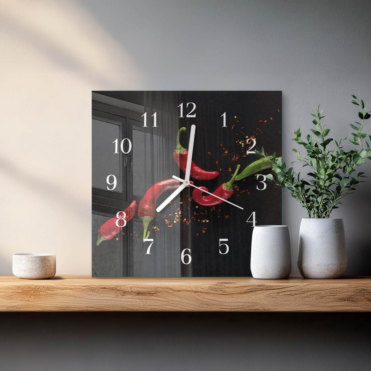 WANDUHR aus Glas 30x30 cm - Chilischoten - Schwarz, Glas (30/30/0.4cm) - TULUP
