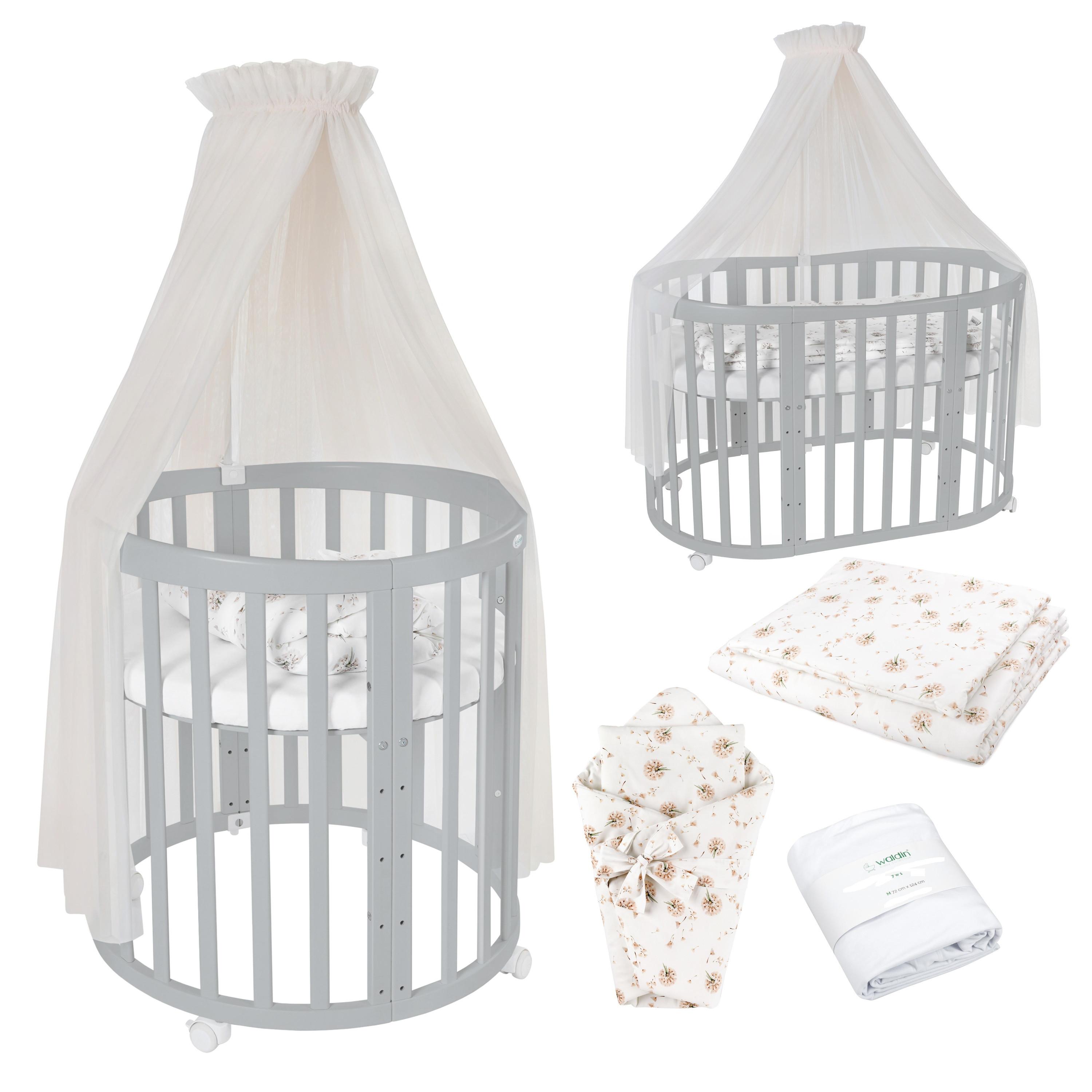 BABYBETT GREY OVAL 7in1 mit Matratze und Himmelset - Champagner/Grau, Holz/Textil (73/125cm) - waldin