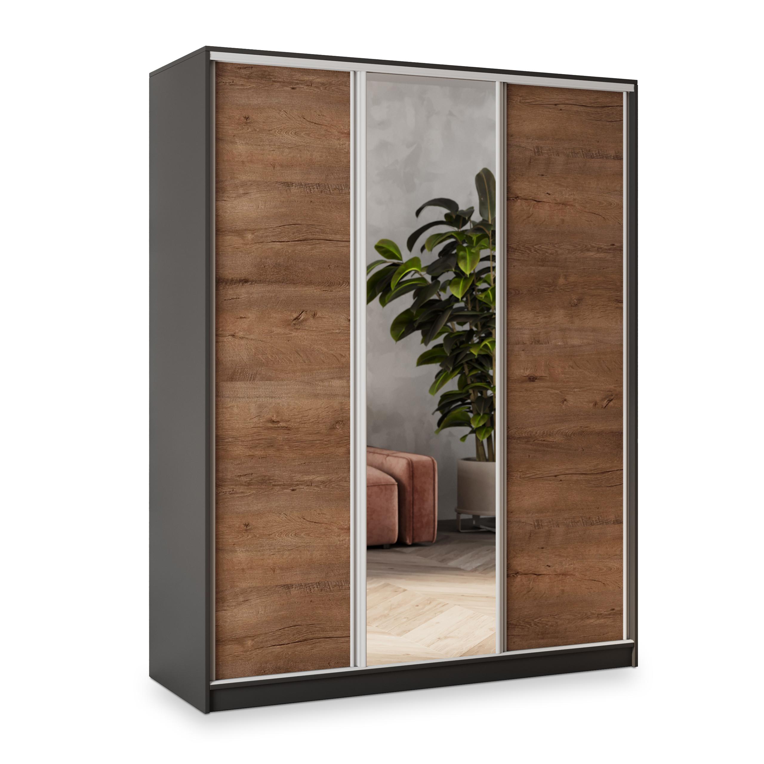 SCHWEBETÜRENSCHRANK SORE 160/205/58 cm 3-türig mit Spiegel und 4 Schubladen Schwarz - Eichefarben/Schwarz, Holzwerkstoff (160/205/58cm) - MASSENO