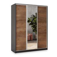 SCHWEBETÜRENSCHRANK SORE 160/205/58 cm 3-türig mit Spiegel und 4 Schubladen Schwarz - Eichefarben/Schwarz, Holzwerkstoff (160/205/58cm) - MASSENO