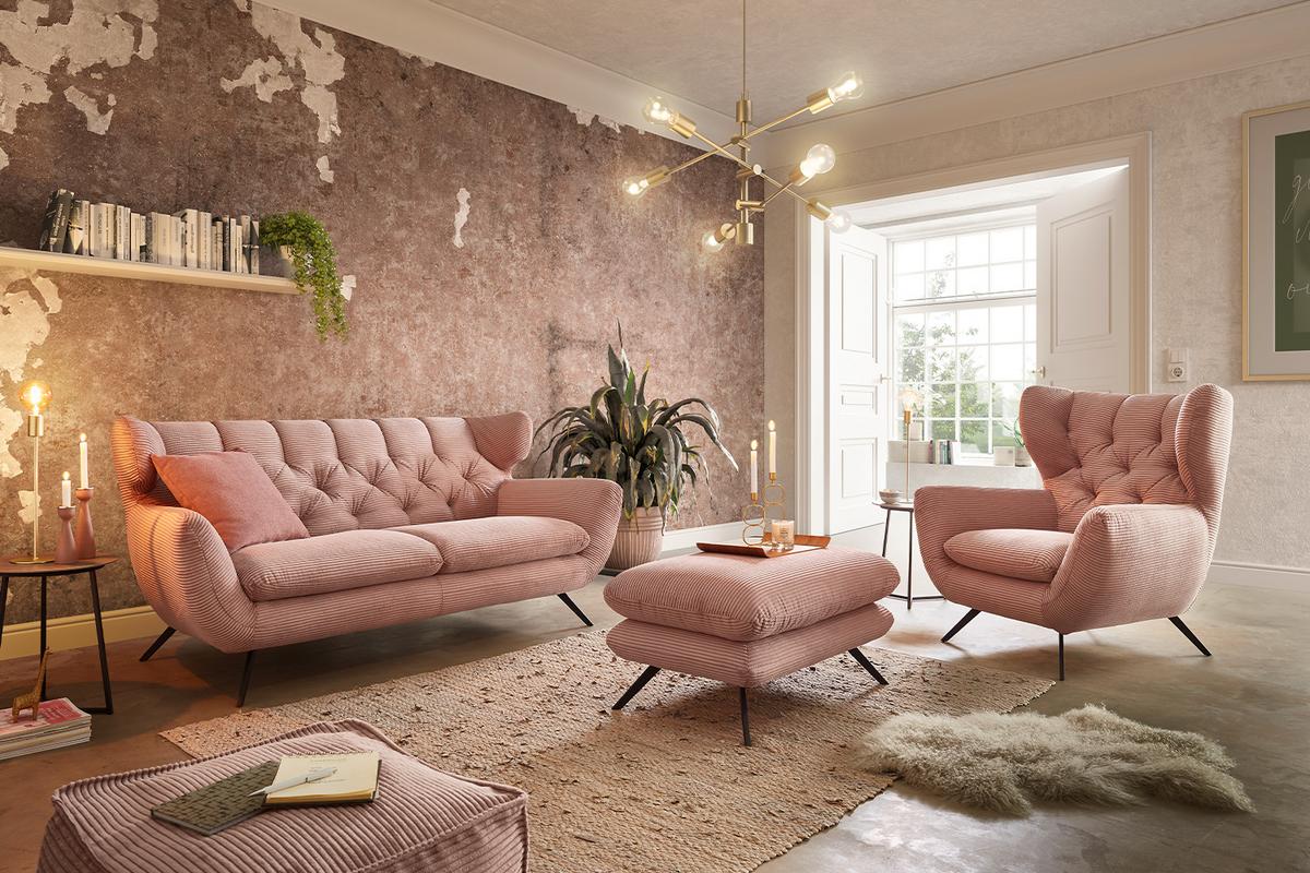 SITZGRUPPE CHARME Rosé Cord - Rosa, Textil (225/94/95cm) - KAWOLA