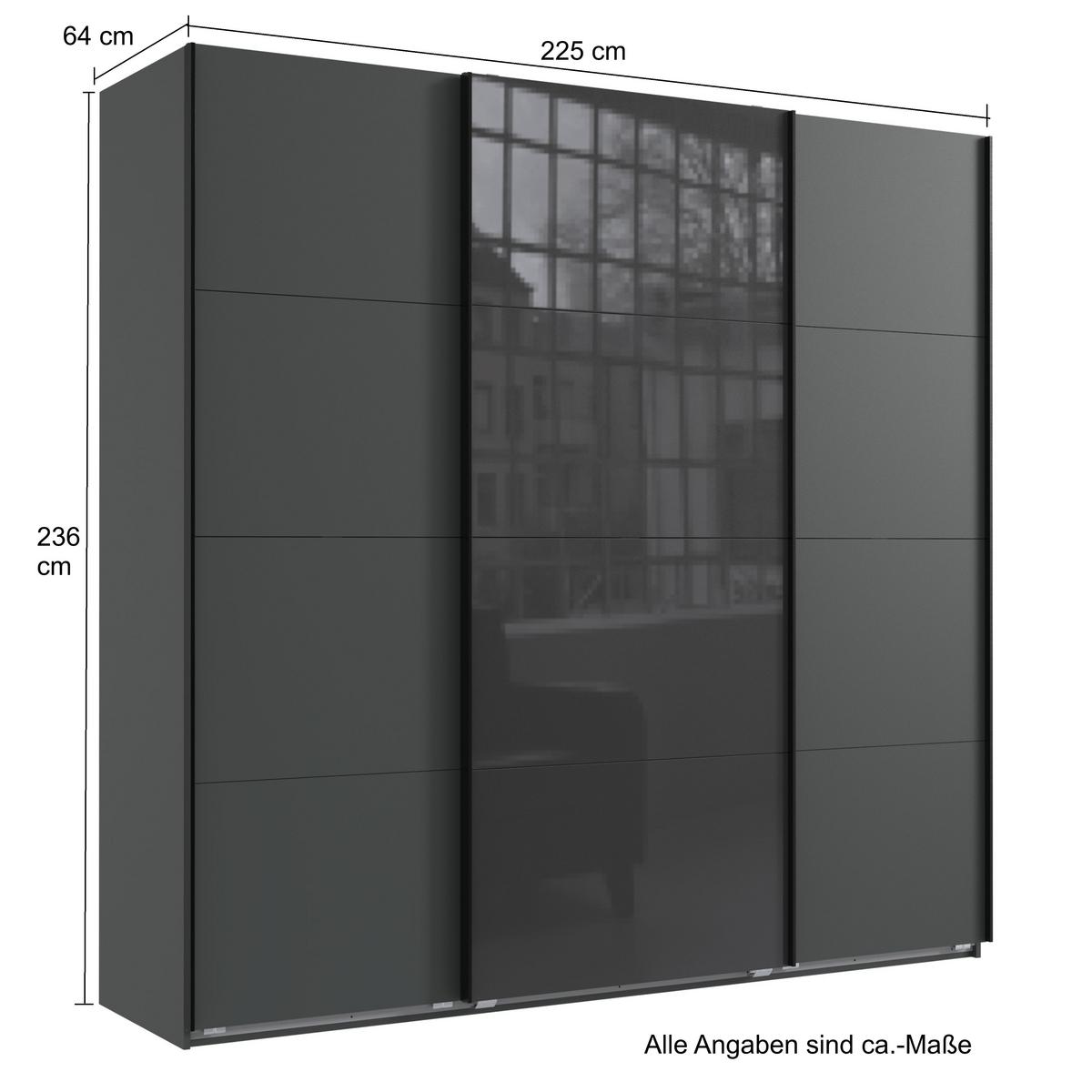SCHWEBETÜRENSCHRANK 3-türig B225/H236/T64 cm extrahoch in Grafit, Kleiderschrank mit einer Glasfront-Tür in Grau / 22544 - Goldfarben/Graphitfarben, Holzwerkstoff/Metall (225/236/64cm) - luma-home