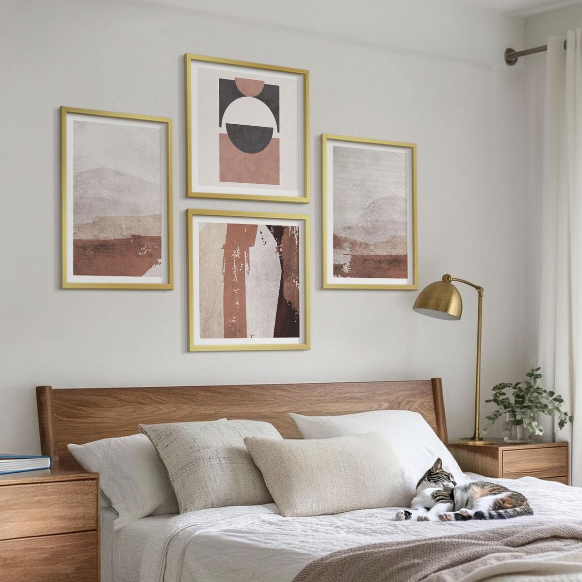 BILDER SET 4er Set - 50x50 cm & 40x60 cm Goldrahmen - Abstrakte braune Muster - Goldfarben, Kunststoff (50/50cm) - TULUP