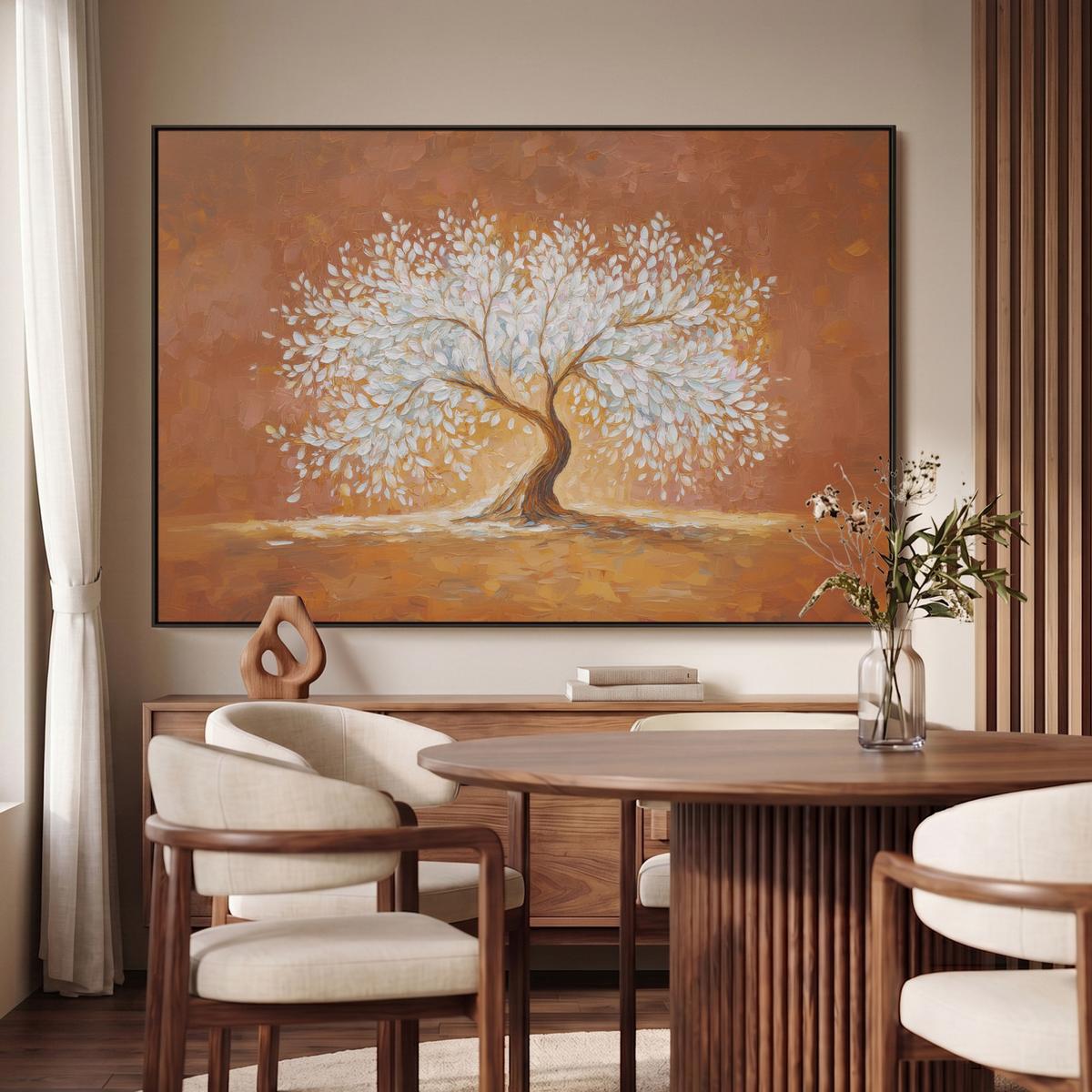 LEINWAND Bilder mit Rahmen - Abstrakt - Baum - Weiß - Blätter - 120x80 - Braun, Textil (120/80cm) - MuchoWow