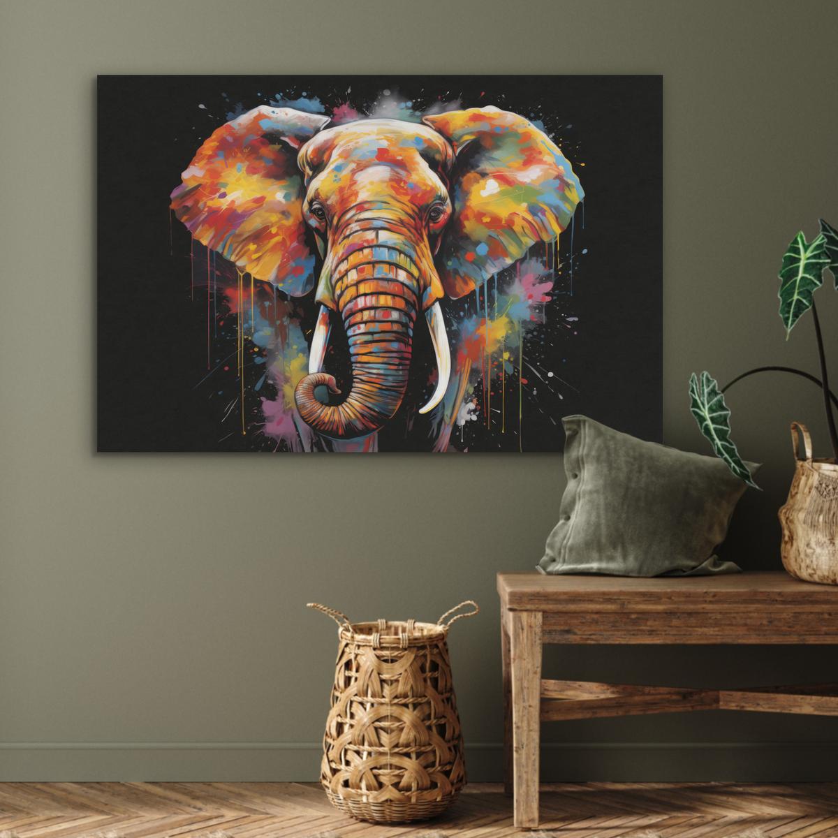 AKUSTIKBILD Elefant - Graffiti - Schwarz - Tiere - Farben Wandbild Wohnzimmer 100x70 cm - Schwarz, Kunststoff (100/70/0.9cm) - MuchoWow