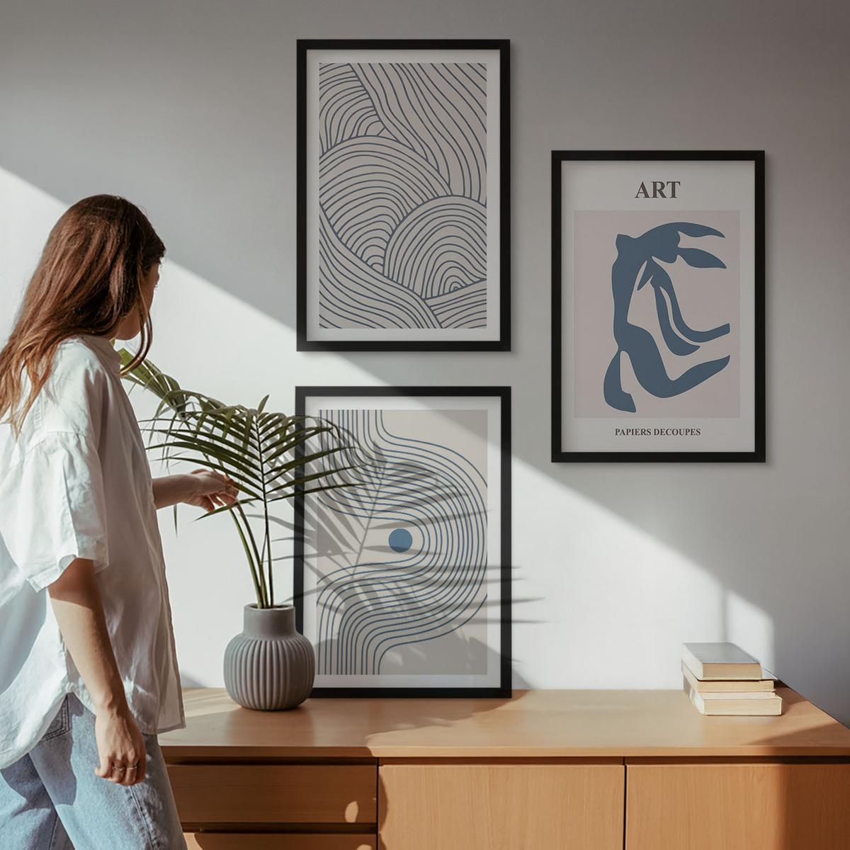 BILDER SET 3er Set - 40x60 cm Schwarzer Rahmen - Abstrakte blaue Linien - Schwarz, Kunststoff (40/60cm) - TULUP