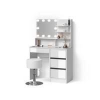 SCHMINKTISCH Imola Weiß mit LED Beleuchtung, Hocker und Spiegelregal - Weiß, Holzwerkstoff (90/75/40cm) - Livinity®