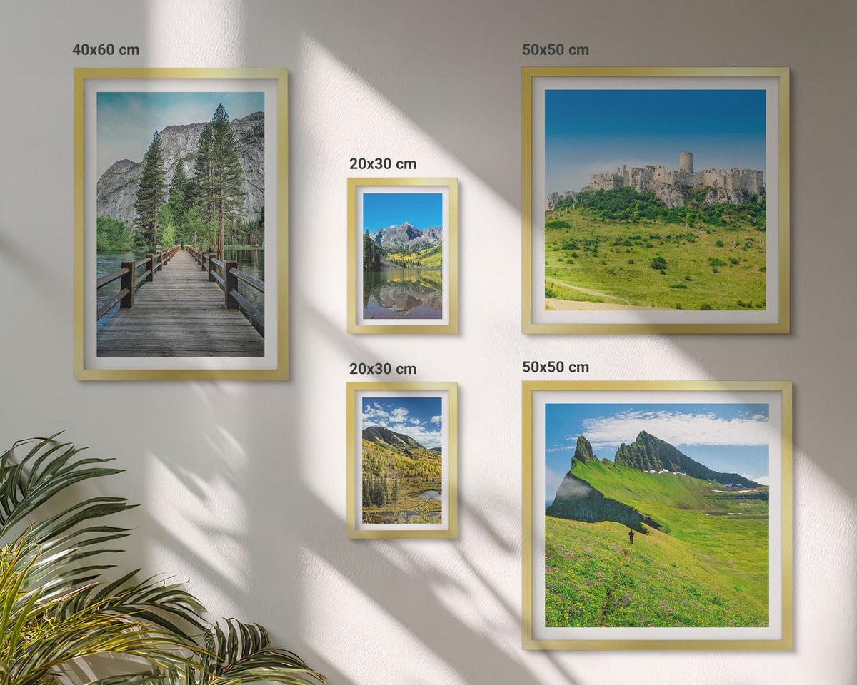 BILDER SET 5er Set - 50x50 cm & 20x30 cm & 40x60 cm Goldrahmen - Wasserfälle, Berge, Wolken, Herbst - Goldfarben, Kunststoff (40/60cm) - TULUP
