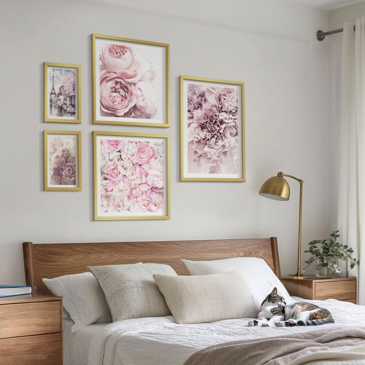 BILDER SET 5er Set - 50x50 cm & 20x30 cm & 40x60 cm Goldrahmen - Rosa Blumen, romantische Landschaft - Goldfarben, Kunststoff (40/60cm) - TULUP